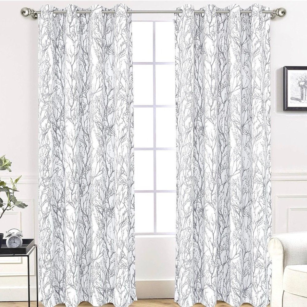 Driftaway • 6 pc Gray and White Botanical Forest Neutral Nature Pattern Curtains